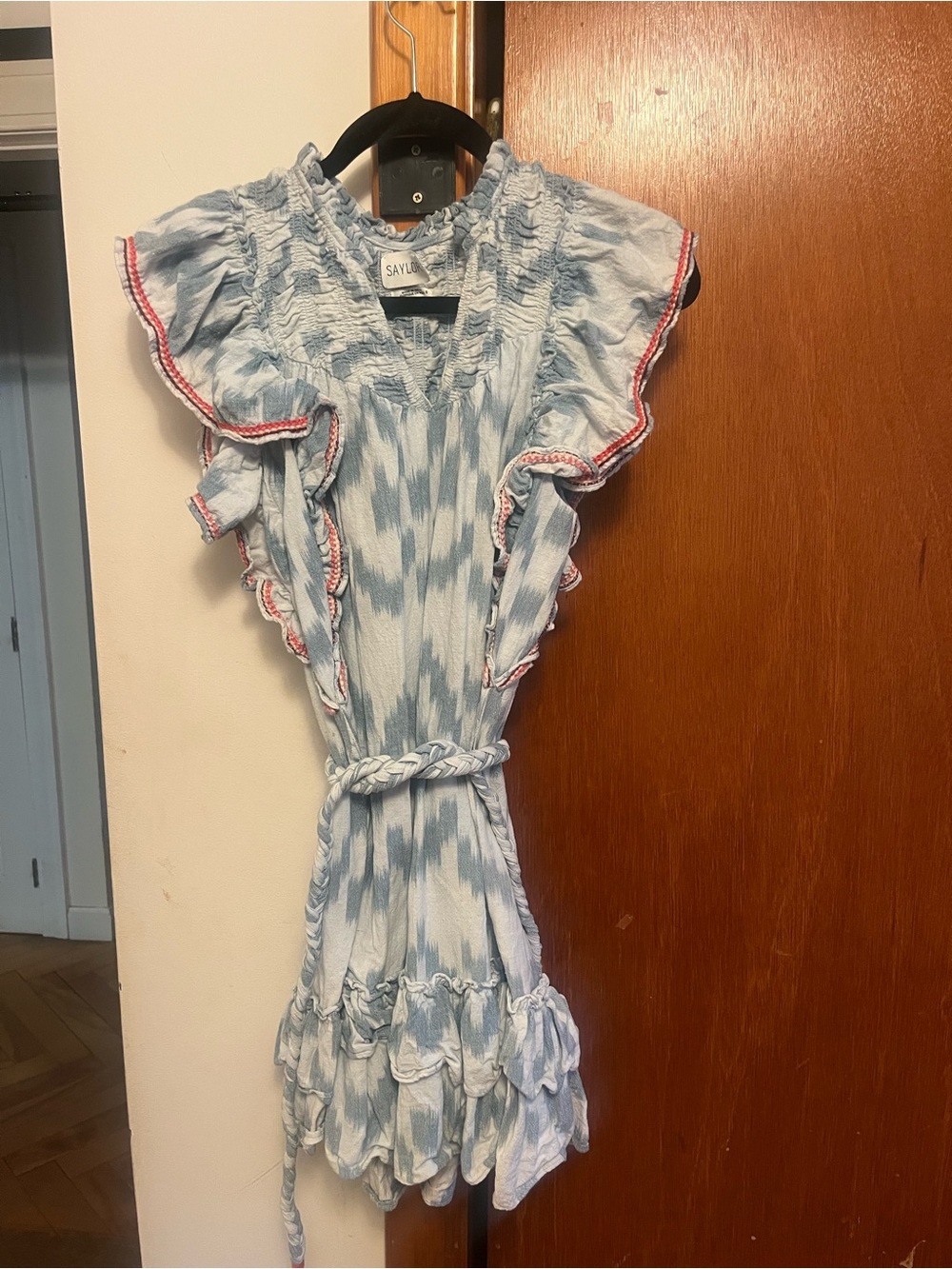 SAYLOR Light Blue Ruffle Tie-Waist Mini Dress with Red Trim